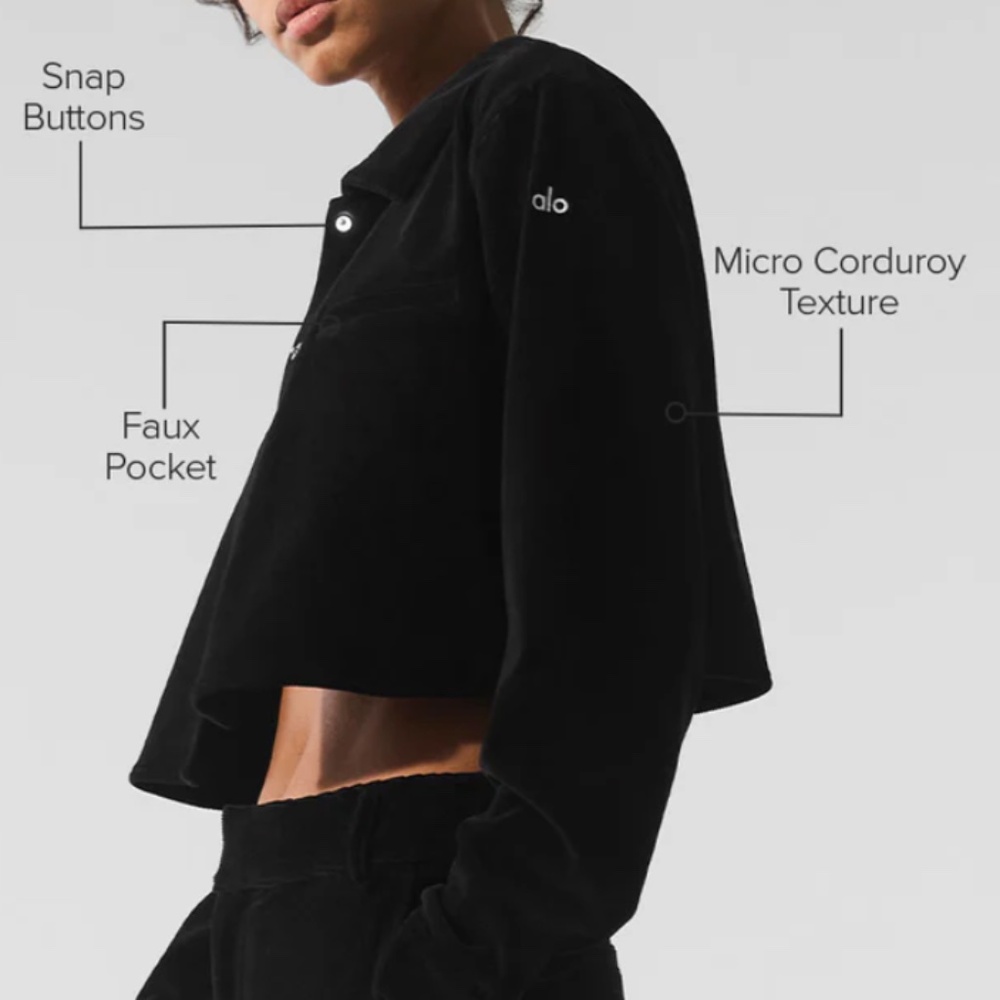 NWT Alo Black Micro Corduroy Cropped Dreamer Button Down Jacket (Size S) - Picture 4 of 11